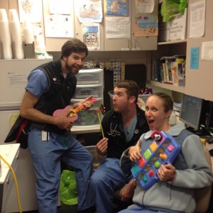 3 am in the Peds ED. Tommy (left), stopped by after his shift in the adult ED to say hello to fellow residents Jack and Carolyn.